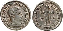 RÖMER RÖMISCHES KAISERREICH. CONSTANTINUS I. der Große, Augustus 306(310)-337. AE-Follis 23mm (310/313) 4,18g, Trier, 1. Off. Panzerbüste m. Lkr. n.r. IMP CONSTANTINVS AVG / SOLI INVIC-TO COMITI Sol s