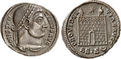 RÖMER RÖMISCHES KAISERREICH. CONSTANTINUS I. der Große, Augustus 306(310)-337. AE-Follis 18/19mm (328/329) 3,33g, Siscia, 2. Off. Kopf m. Lkr. n.r. CONSTAN-TINVS AVG / PROVIDEN-TIAE AVGG Lagertor; obe