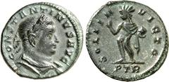 RÖMER RÖMISCHES KAISERREICH. CONSTANTINUS I. der Große, Augustus 306(310)-337. AE-Halbfollis 18mm (310/311) 1,84g, Trier, 1. Off. Palliumbüste m. Lkr. n.r. CONSTANTINVS AVG / SOLI IN-VICTO Sol steht n