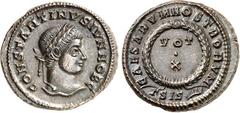 RÖMER RÖMISCHES KAISERREICH. Constantinus II. Caesar 317-337. AE-Follis 19mm (321/324) 3,62g, Siscia, 3. Off. Kopf m. Lkr. n.r. CONSTANTINVS IVN NOB C / CAESARVM NOSTRORVM um Lkr. m. VOT X; unten GSIS