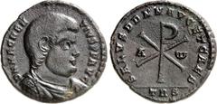 RÖMER RÖMISCHES KAISERREICH. MAGNENTIUS 350-353. AE-Doppelmaiorina 28mm (352) 7,97g, Trier, 2. Offizin. Büste mit Panzer und Paludamentum n.r. D N MAGNEN-TIVS P F AVG / SALVS DD NN AVG ET CAES Christo