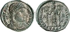 RÖMER RÖMISCHES KAISERREICH. VETRANIO 350. Bi-Maiorina 22/23mm 6,52g, Thessalonica, 1. Off. Paludamentbüste m. Lkr. n.r. D N VETRAN-IO P F AVG / CONCORDIA - MILITVM Kaiser steht mit 2 Labara n.l. zw. 