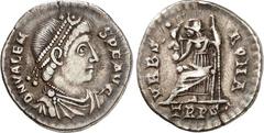RÖMER RÖMISCHES KAISERREICH. VALENS 364-378. Siliqua (367/375/378) 2,27g, Trier. Paludamentbüste m. Perlendiadem n.r. D N VALEN-S P F AVG / VRBS - ROMA Roma victrix thront n.l.; unten TRPS . RIC 27b u