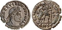 RÖMER RÖMISCHES KAISERREICH. GRATIANUS 367-383. AE-Centenionalis 18mm (367/375) 2,60g, Siscia, 4. Off. Paludamentbüste m. Perlendiadem n.r. D N GRATIANVS P F AVG / GLORIA RO-MANORVM Kaiser schreitet m