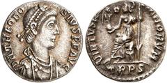 RÖMER RÖMISCHES KAISERREICH. THEODOSIUS I. 379-395. Siliqua (388/392) 1,64g, Trier. Paludamentbüste m. Perlendiadem n.r. D N THEODO-SIVS P F AVG / VIRTVS RO-MANORVM Roma thront v.v., Kopf n.l.; unten 