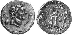 THE LATE ROMAN REPUBLIC SEXTUS POMPEIUS, † 35 B.C. No.: 11 Schätzpreis - Estimation CHF 5500.- Denarius, Sicily, 42-40 B.C.; 3.77 g. Obv. Head of Pompey the Great r., in field l., jug, r. lituus. Rev.