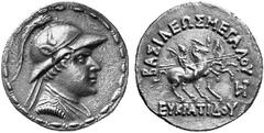 ANCIENT GREEK COINS KINGDOM OF BACTRIA No.: 103 Schätzpreis/Estimate: CHF 500.- d=35 mm Tetradrachm, Balkh. Draped and cuirassed bust r., wearing Indian helmet with horn and animal's ear; around, stem
