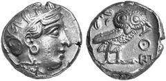 Eulen auf antiken Münzen MüNZEN DER HELLENISTISCHEN ZEIT No.: 31 Schätzpreis - Estimation DM 650,- Tetradrachmon, nach 340. Kopf der Athena im attischen Helm n. r., auf dem Helm stilisierter Schmuck: 