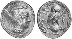 Eulen auf antiken Münzen Stephanephore Tetradrachmen No.: 48 Schätzpreis - Estimation DM 300,- Tetradrachmon, 150 /49. Kopf der Athena im attischen Helm n. r., auf dem Helmkessel Ranke, Pegasos und Pf