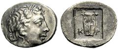 GRIECHISCHE MÜNZEN LYKIEN KRAGOS Hemidrachmon, 50-15. [L-U] Apollokopf mit Lorbeerkranz n. r. Rv. K-Ρ Kithara, das Ganze in einem leicht vertieften Feld. 1,66 g. SNG von Aulock 4298. Troxell, LL 131, 