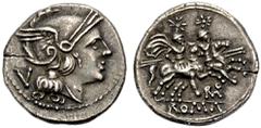RÖMISCHE MÜNZEN RÖMISCHE REPUBLIK.   Roma-Monogramm, 211-210 v. Chr. Quinar. Kopf der Roma im geflügelten Helm n. r., dahinter V. Rv. Die Dioskouren n. r. reitend, darunter ROMA. 2,19 g. Cr. 84/2. Kle