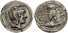 Griechische Münzen Attika. Athen. Tetradrachmon, neuer Stil, 140-139 v. Chr. Kopf der Athene mit attischem Helm n.r., auf dem Helmkessel Greif. Rv. A-QE/EUM-LOS/KAL/LI/QWN/HRA Eule frontal auf Lekytho
