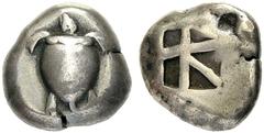 GRIECHISCHE MÜNZEN AIGINA Stater, 480-450. Schildkröte mit Punktreihe auf dem Panzer. Rv. Quadratum incusum, durch fünf Balken in fünf unregelmässige Felder geteilt. 12,18 g. Asyut 524. SNG München 54