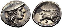 GRIECHISCHE MÜNZEN AETOLIEN. AETOLISCHE LIGA. Triobol, ca. 195-168 v. Chr. Kopf der Aetolia mit Kausia n. r. Rv. ΑΙΤΩΛΩΝ Eber n. r., darunter K; im Abschnitt A. 2,45 g. 15 mm. BCD, Akarnanien 470-471 
