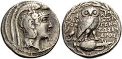GRIECHISCHE MÜNZEN ATTIKA. ATHEN. Tetradrachmon, neuer Stil, 157-158 v. Chr. Kopf der Athena im attischen Helm mit Pegasos-Motiv n. r. Rv. Eule frontal auf Lekythos stehend, l. Adler auf Blitzbündel. 