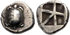 GRIECHISCHE MÜNZEN AIGINA. Stater, 445-430 v. Chr. Landschildkröte. Rv. Quadratum incusum unregelmäßig durch 5 Linien geteilt. 12,35 g. 21 mm. Hoover, HGC 6, 437. Meadows Gp. IIIb. SNG Delepierre 1537