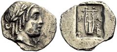 GRIECHISCHE MÜNZEN LYKIEN. LYKISCHE LIGA. Drachme, 1. Jh. v. Chr. Kopf des Apollon mit L. n. r. Rv. Lyra im vertieften Quadrat, l. und r. M-A; unten r. Caduceus. 1,55 g., 16 mm. Troxell, LL 158.1 vgl.