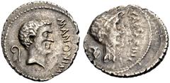 RÖMISCHE MÜNZEN IMPERATORISCHE PRÄGUNGEN. Marcus Antonius, gest. 30 v. Chr. Denar, November 43 v. Chr. M. ANTON. IMP Kopf des Marcus Antonius n. r., dahinter Lituus. Rv. CAESAR. DIC Kopf des verstorbe
