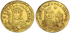 BYZANTINISCHE MÜNZEN Theophilos, 829-842. Mit Constantin und Michael III. Solidus, 830-840. *ΘeΟΦΙ - ΛΟΣ bΑΣΙΛeΘ Büste von vorne mit Chlamys, Doppelkreuz und akakia. Rv. + MIXAHL S COnSTANTIn' Die Büs