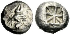 GRIECHISCHE MÜNZEN LYKIEN UNBESTIMMTE MÜNZSTÄTTEN Stater, 520-480. Löwenkopf n. l.(?) Rv. Viergeteiltes Quadratum incusum, durch dicke Balken in acht Teilfelder aufgeteilt. 9,01 g. SNG von Aulock 4041