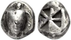 GRIECHISCHE MÜNZEN AIGINA Stater, 520-480. Schildkröte, auf dem Panzer Punktreihe. Rv. Quadratum incusum, in unregelmässige Dreiecke aufgeteilt. 12,23 g. Asyut 433. SNG Delepierre 1567. Leicht getönt.