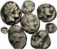 ANTIKE LOTS GRIECHEN Athen . Silbermünzen. Tetradrachmen: SNG München 57 (Gegenstempel auf Av.); 91 (2); 100 (2); Drachme, SNG München 66; Hemidrachmon, SNG München 67; Hemiobol, SNG München 38. Meist