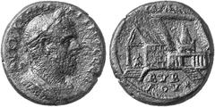 ARCHITEKTURDARSTELLUNGEN AUF ANTIKEN MüNZEN GRIECHISCHE MüNZEN PHöNIZIEN No.: 168 Schätzpreis - Estimation EUR 250.- BYBLOS. Macrinus, 217-218. Bronze. Gep. Büste mit L. n. r. Rv. I?RAC / BUBLOU Aphro