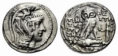 GRIECHISCHE MÜNZEN ATTIKA ATHEN Tetradrachmon, Neuer Stil, 186 v. Chr. Kopf der Athena Parthenos n.r. im Perlenkreis. Rv. Eule, auf Amphora sitzend. A-ΘE/ TIMO-ΣTΡA/TOΣ ΠO/ΣHΣ. Untern ΣΩ, im r. Feld F