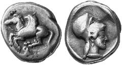 GRIECHISCHE MüNZEN KORINTH UND SEINE KOLONIEN No.: 45 Schätzpreis/Estimate: EUR 260,- d=20 mm Grundtyp: (Falls nicht anders angegeben, Nominal: Stater) Av. Pegasos n. l. (L) oder n. r. (R) fliegend, E