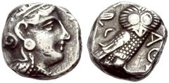GRIECHISCHE MÜNZEN ATTIKA ATHEN Tetradrachmon, 280-260 v. Chr. Athenakopf n.r. im attischen Helm mit Helmzier, Ranke und Olivenblättern, scheibenförmiger Ohrschmuck. Rv. AΘE Eule n.r., Kopf frontal, i