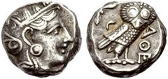 GRIECHISCHE MÜNZEN ATTIKA ATHEN Tetradrachmon, 280-260 v. Chr. Athenakopf n.r. im attischen Helm mit Helmzier, Ranke und Olivenblättern, scheibenförmiger Ohrschmuck. Rv. AΘE Eule n.r., Kopf frontal, i