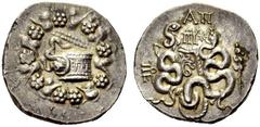 GRIECHISCHE MÜNZEN MYSIEN PERGAMON Cistophor um 76 v. Chr. Cista mystica mit geöffnetem Deckel, aus dem Innern windet sich eine Schlange, aussen Efeukranz. Rv. Bogentasche zwischen zwei Schlangen; l. 