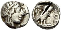 GRIECHISCHE MÜNZEN ATTIKA ATHEN Tetradrachmon, ca. 407 v. Chr. Athenakopf in archaischem Stil n. r. Rv. AΘE Eule n. r., im oberen l. Felde Ölzweig und Mondsichel. 17,31 g. Svoronos, A. Tf. 14,24 vgl. 