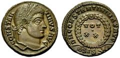 RÖMISCHE MÜNZEN KAISERZEIT Constantinus I. der Grosse, 307-337. Nummus/Folis, Siscia. 321-324. Büste mit L. n. r. Rv. DN CONSTANTINI MAX AVG; VOT./XX im Kranz; BSIS und Zeichen. 3,12 g. RIC VII,446,18