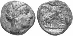 Restanten aus der Sammlung eines Liebhabers antiker Münzen Griechische Münzen ATTIKA No.: 417 Schätzpreis/Estimate: EUR 500.- ATHEN. Tetradrachmon der Notgeldemission, fourré, 406-405. Athenakopf im a