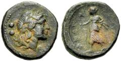 GRIECHISCHE MÜNZEN BRUTTIUM PETELIA Sextans, Bronze, 215-210 v. Chr. Apollokopf mit L. n.r., dahinter zwei Wertkugeln. Rv. ΠΕΤΗΛΙ- ΝΩΝ Artemis im kurzen Chiton n.l. stehend, Fackel in der erhobenen Re