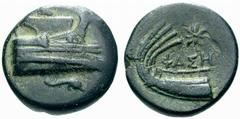 GRIECHISCHE BRONZEMüNZEN LYKIEN PHASELIS No.: 926 Schätzpreis/Estimate: EUR 120 d=18 mm Bronze, 250-220. Prora mit Deckaufbauten n. r., darunter Delphin n. r. Rv. FASH Schiffsheck mit Aphlaston n. l.,