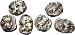 GRIECHISCHE MÜNZEN ATTIKA. ATHEN. Lot. Tetradrachmen (3), 4.-3. Jh. Athenakopf n.r. im attischen Helm mit Olivenblättern und Ranke. Rv. ΑΘΕ Eule n.r. stehend, Kopf von vorne, im Felde l. Mondsichel un