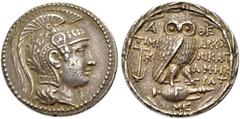 GRIECHISCHE MÜNZEN ATTIKA. ATHEN. Tetradrachmon, Neuer Stil, 134-133 v. Chr. Athenakopf n.r. im attischen Helm mit dreifacher Helmzier, Ranke und Pegasos. Rv. Α-ΘΕ/ΤΙΜ-ΑΡΧΟΥ/ΝΙΚΑΓΟ/ΑΜΦΙΚ/ΡΑΤ Eule auf 