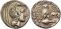 GRIECHISCHE MÜNZEN ATTIKA. ATHEN. Tetradrachmon, Neuer Stil, 131-130 v. Chr. Athenakopf n.r. im attischen Helm mit dreifacher Helmzier, Ranke, Pegasos und vier Pferdeprotomen. Rv. Α-ΘΕ/ΑΝΤΙ-ΟΧΟΣ/ΚΑΡΑΙ
