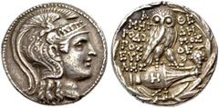 GRIECHISCHE MÜNZEN ATTIKA. ATHEN. Tetradrachmon, Neuer Stil, 114-113 v. Chr. Athenakopf n.r. im attischen Helm mit dreifacher Helmzier. Rv. Α-ΘΕ/ΜΗ/ΤΡΟΔΟ/ ΡΟΣ/ΕΥΚ/ΛΗΣ-ΔΗ/ΜΟΣ/ΘΕ Eule auf einer Amphora 