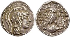 GRIECHISCHE MÜNZEN ATTIKA. ATHEN. Tetradrachmon, Neuer Stil, 110-109 v. Chr. Athenakopf n.r. im attischen Helm mit dreifacher Helmzier. Rv. Α-ΘΕ/ΦΑΝΟ- ΚΛΗΣ/ΑΠΟΛ/ΛΩΝ/ΙΟΣ/ΕΙΡΗ Eule auf einer Amphora n.r