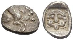 GRIECHISCHE MÜNZEN LYKIEN. LYKISCHE DYNASTEN. Uvug, 470-440 v. Chr. Diobol. Geflügelte Stierprotome n. r. Rv. Gorgoneion in Quadratum incusum. 1,38 g. Müseler 116,IV,A13; Tf.120. Vismara II,95. SNG v.