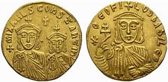 BYZANTINISCHE MüNZEN THEOPHILOS, 829-842 No.: 486 Schätzpreis/Estimate: EUR 450.- d=20 mm Mit Constantin und Michael III. Solidus, 830-840. *QîOFI - LOS bASILîQ Büste von vorne mit Chlamys, Doppelkreu