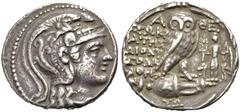 GRIECHISCHE MÜNZEN ATTIKA. ATHEN. Tetradrachmon, Neuer Stil, 115-114 v. Chr. Athenakopf n.r. im attischen Helm mit dreifacher Helmzier. Rv. ΑΘΕ/ΣΩΚΡΑΤΗΣ/ΔΙΟΝΥ/ΣΟΔΩ/ΑΘΗ/Ν Eule auf einer Amphora n.r., i