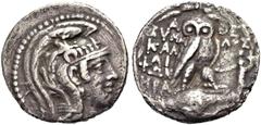 GRIECHISCHE MÜNZEN ATTIKA. ATHEN. Tetradrachmon, Neuer Stil, 106-105 v. Chr. Athenakopf n.r. im attischen Helm mit dreifacher Helmzier. Rv. Α-ΘΕ /ΕΥΜΗ-ΛΟΣ ΚΑΛ/ΛΙ/ΦΩΝ/ΗΡΑ Eule auf einer Amphora n.r., i