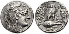 GRIECHISCHE MÜNZEN. ATTIKA. ATHEN. Tetradrachmon des "neuen Stils", 145-144 v. Chr. Kopf der Athena mit attischem Helm, darauf Pegasos und Ranke. Rv. A-ΘΕ/ΕΥΜ/ΑΡΕΙ/ΔΗΣ/ΚΛΕ/ΟΜΕΝ/ΔΗ (Beamter Eumareides,