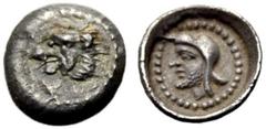 GRIECHISCHE MÜNZEN. LYKIEN. LYKISCHE DYNASTEN. Struthas um 392-388 v. Chr Hemiobol. Löwenkopf n. l. im Perlenkreis. Rv. Satrapenkopf mit Kyrbasia n.l. im Perlenkreis. 0,23 g. Winzer 12,1. Die Zuweisun