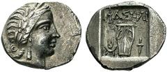 Griechische Münzen LYKIEN LYKISCHE LIGA. Hemidrachmon, Phaselis, 150-100. Apollokopf mit Lorbeerkranz n. r. Rv. FASHLI Zweisaitige Kithara zwischen Isiskrone und Fackel; das Ganze in einem leicht vert