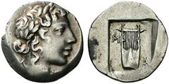 Griechische Münzen LYKIEN LYKISCHE LIGA. Hemidrachmon, Masikytes, 48-42. L-U Apollokopf mit Lorbeerkranz n. r. Rv. M-A Sechssaitige Kithara in einem flachen Quadratum incusum. 1,75 g. Troxell, LL 133,